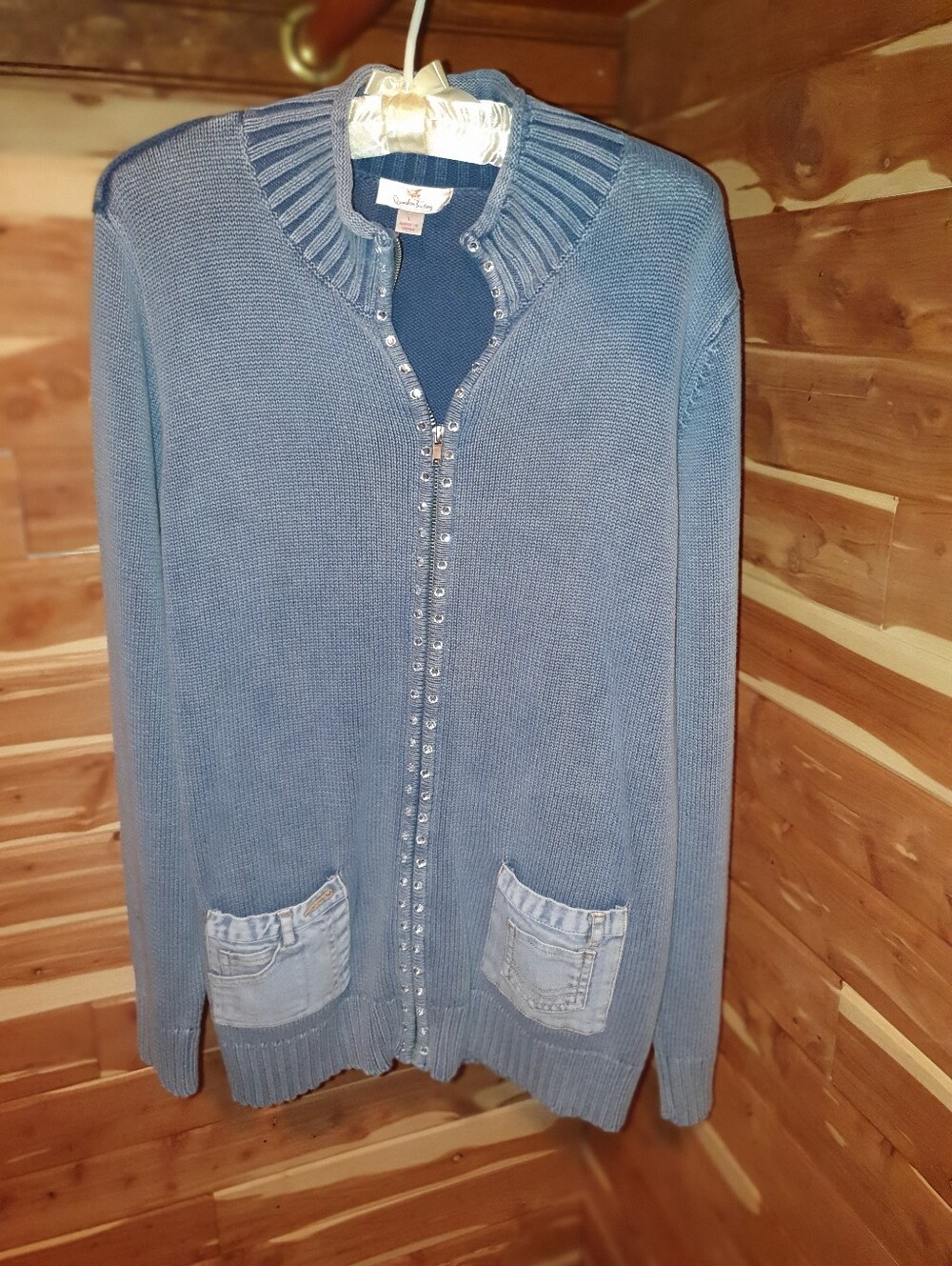 Quacker Factory Denim Blue Zip-Front Knit Sweater